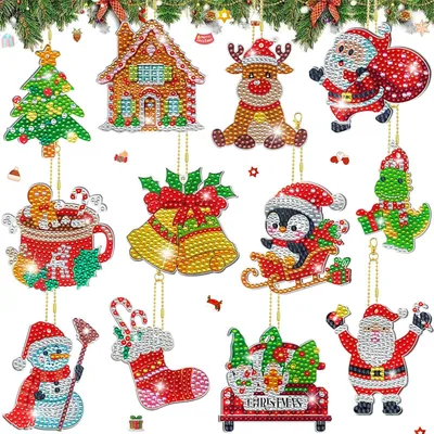 Produktbild von Diamond Painting Anhänger 12 Doppelseitiger DIY Set Diamond Painting Kinder Bastelset Adventskalender A 12 Stück Weihnachten Schlüsselanhänger