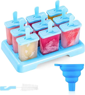 Produktbild von Eisformen 12er Set, Silikon, BPA-frei, Stieleisformen, Wassereisformenblau mit einer Reinigungsbürste und Silikon Falttrichter