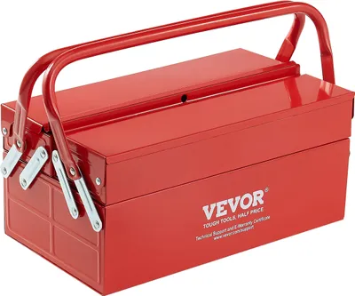 A red metal toolbox with a silver handle and latches, shown from a slightly elevated front-left angle against a white background.