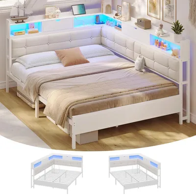 Produktbild von Polsterbett 140x200 mit 6 Staufächern, LED, Steckdosen & USB, Schlafsofa Jugendbett Tagesbett Gästebett Bettgestell Metall Beige
