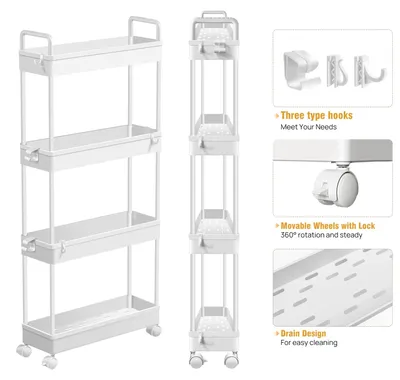 Immagine prodotto di Carrello portaoggetti per la cucina - Carrello sottile con 4 ripiani - Acciaio - Cestini in filo metallico - Altezza regolabile - Ruote girevoli a 360° - Bianco