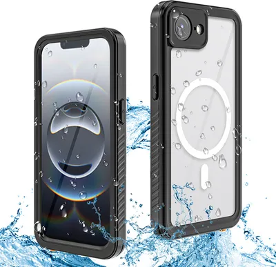 Two phone cases are shown, one from the front and one from the back, with water droplets and splashes to emphasize their waterproof feature.