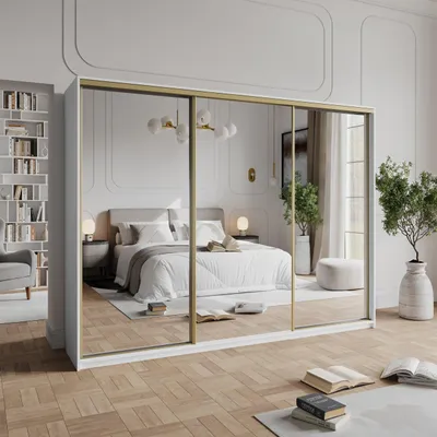 Produktbild von Masseno Schiebetürenschrank RIEN 250/205/60 cm Kleiderschrank mit 4 Schubladen Schlafzimmer Schrank 3-türig mit Spiegel Weiß