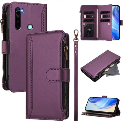 Produktbild von Handyhülle für Xiaomi Redmi Note 8 Reißverschluss Geldbörse Kunstleder Klapphülle mit Kartensteckplatz, Ständer, Handschlaufe Lila