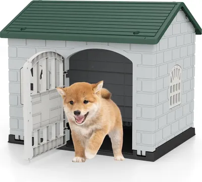 Produktbild von GOPLUS Hundehütte Outdoor, wetterfester Hundekäfig mit abschließbarer Tür, 3 Fenstern, geneigtem Dach, Haustierhaus Zuhause, 75 x 58 x 65 cm (Grün)