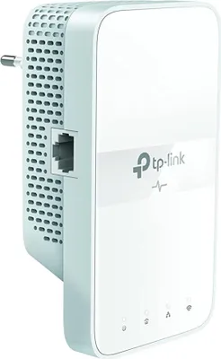 A white TP-Link powerline Wi-Fi extender is shown plugged into a wall outlet.