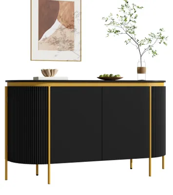 Productafbeelding van Moonbite dressoir, ovaal design, 140 cm, sideboard met 4 deuren en ribbelstructuur, kabeldoorvoer en metalen frame, MDF-plaat, zwart