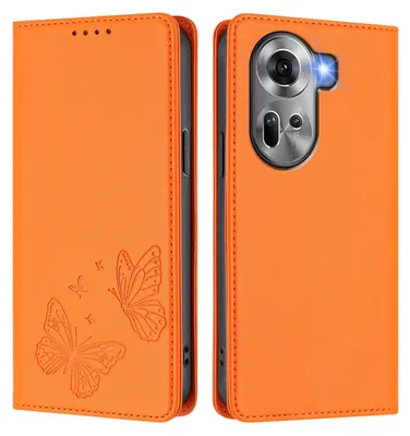 Image de Étui en cuir pour Oppo Reno11 5G, motif papillon, étui à rabat avec porte-appareil, couleur orange