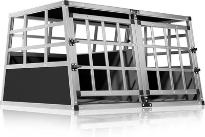 Productafbeelding van Honden transportbox, aluminium, robuuste hondenkooi, afsluitbaar, trapeziumvormig, XL (89x70x51cm), reiskooi, autokooi, dierentransportbox