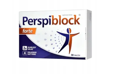 A product box for PerspiBlock Forte dietary supplement.