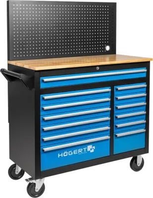 Produktbild von Högert Technik Werkstattschrank mit Wandpaneel, 13 Schubladen, 500 kg Tragkraft, TPR-Räder, abschließbar, robuste Konstruktion, ideal für Werkstätten und Garagen