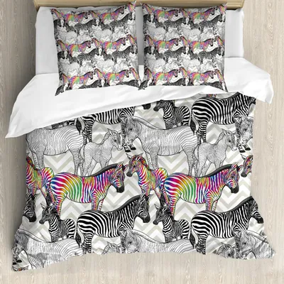 Produktbild von ABAKUHAUS Regenbogen Zebra Bettbezug Set, Abstrakte moderne Design-Druck von Funky Tiere auf Chevrons, 200 x 200 cm + 80 x 80 cm, Grau Gelb Mehrfarbig