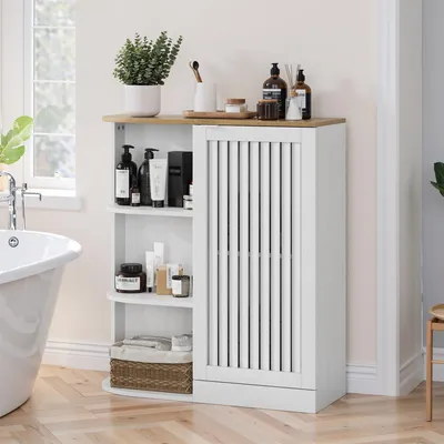 Image de Armoire d'angle blanche et chêne Armoire de salle de bain avec porte grillagée Étagère d'angle Autoportante Étagères réglables Armoire de cuisine compacte Bois 68x25x76 cm