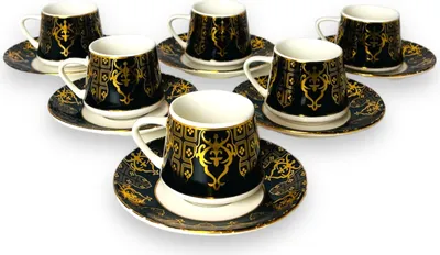 Produktbild von Medusa Luxus Gold Espressotassen 12 TLG für 6 Personen Tassen + Untertassen 60 Ml Mäander Stil mit Geschenkverpackung