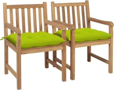 Produktbild von 2 Gartenstühle aus massivem Teakholz mit hellgrünen Kissen, 27.92 kg