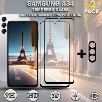 Produktbild von 2-Pack SAMSUNG A34 Displayschutzfolie und 1-Pack Objektivschutz aus 9H gehärtetem Glas