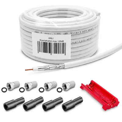 Produktbild von 20m ARLI Koaxialkabel – max. 135 dB 5-fach geschirmt + 4x F-Stecker & 4x Gummitülle + Abisoliermesser Kabelmesser Werkzeug für DVB-S2 DVB-T2 DVB-C2