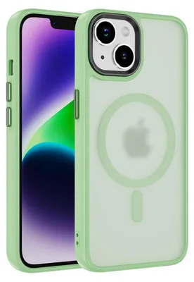 A close-up shot of a green iPhone 14 case with a transparent back, showing the MagSafe ring and Apple logo.