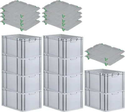 Produktbild von SparSet 10x Eurobox NextGen Economy mit Auflagedeckel und 4x Schiebeschnappverschlüsse Grün | Griffe geschlossen | HxBxT 32x40x60cm | 65 Liter | Eurobehälter, Transportbox, Transportbehälter, Stapelbehälter
