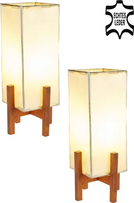 Produktbild von 2er Set Orientalische Tischlampe Janka 30cm Lederlampe Quadratisch Lampe | Marokkanische kleine Tischlampen aus Metall, Lampenschirm aus Leder | Orientalische Dekoration aus Marokko, Farbe Beige