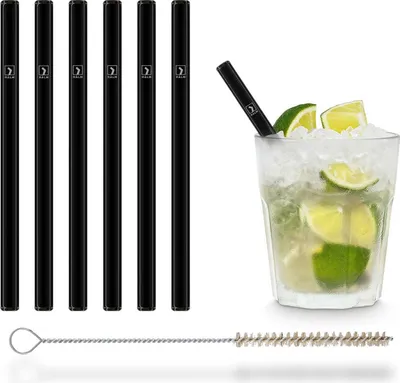 Produktbild von HALM Glasstrohhalme schwarz kurz - 6 Stück gerade 15 cm - Glasstrohalme Set Wiederverwendbar + plastik-freie Reinigungsbürste - Glas-Trinkhalme für Cocktail Gläser