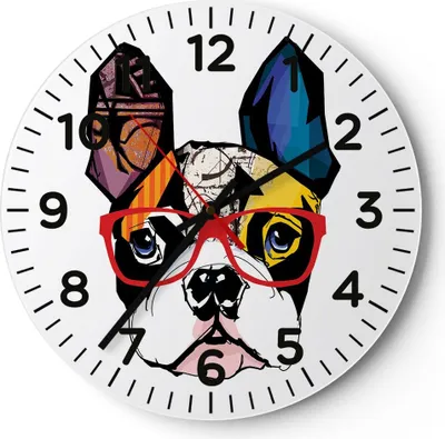 Produktbild von Wanduhr - Rund - Glasuhr - Hund Brille Bunt Bulldogge - 30x30cm - Schleichendes Uhrwerk - Lautlos - zum Aufhängen bereit - Dekoration Modern - Wanddekoration aus Glas - C4AR30x30-3206
