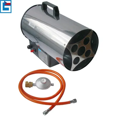 A gas heater and a propane hose with regulator are shown against a white background.