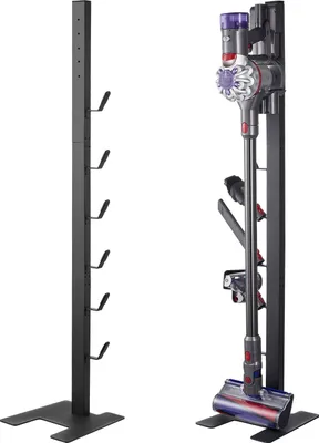 A black metal stand for a vacuum cleaner and a separate black metal stand with hooks, both on a white background.