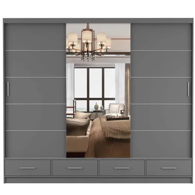 Produktbild von Schwebetürenschrank Kleiderschrank 250 cm Grau/Grau matt mit Spiegel Florence