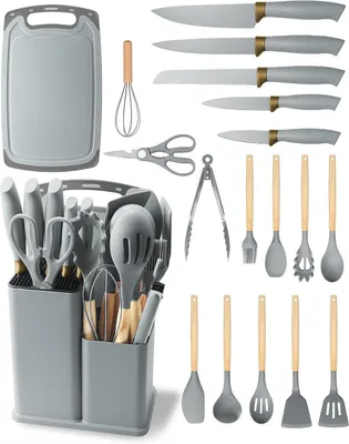 Produktbild von Kochbesteck-Set Küchenmesser-Set, 19-teilig, Küchenutensilien-Set mit 5 Messern und 12 Silikon-Küchenutensilien, Schneidebrett und Halter, lebensmitte