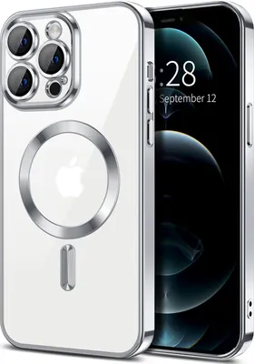 Obrázek produktu pro Magnetické čiré pouzdro pro iPhone 12 Pro Max, kompatibilní s MagSafe, galvanicky pokovené ochranné pouzdro s ochranou fotoaparátu Stříbro
