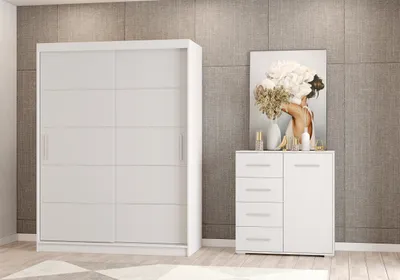 Produktbild von 2er-Set Schwebetürenschrank Schrank Kleiderschrank mit Zierleisten  Weiß/Weiß 150cm Vista 06 mit Kommode 90cm FRIDA MINI 01