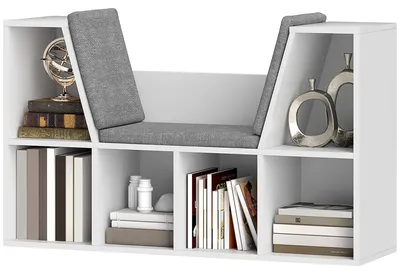Image de Bibliothèque - Étagère à livres - Étagère de rangement - Banc - Meuble mural - Blanc - 6 étagères ouvertes - Assise confortable