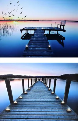 Produktbild von 2 Stück LED Wandbilder Sonnenuntergang Steg am See Bilder beleuchtet 40 x 30 cm