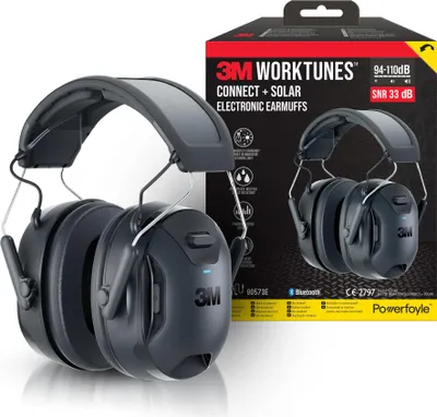 A product shot of 3M WorkTunes Connect Electronic Earmuffs with its packaging.