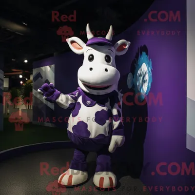 Produktbild von Maskottchen REDBROKOLY einer lila Kuh mit Polo-Shirt und Handschuhen