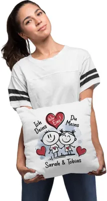 Produktbild von Kissen-Bezug personalisiert verliebte Strichmännchem Spruch Ich Deins Du Meins Wunschnamen Geschenk Liebe SpecialMe® weiß 40cm x 40cm
