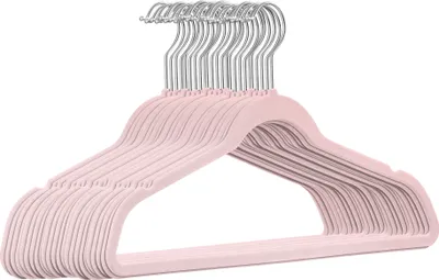 Produktbild von 25 Stück hochwertige Samt Kleiderbügel in der Farbe Rosa mit Silber Haken / Anti-Rutsch / von StickandShine