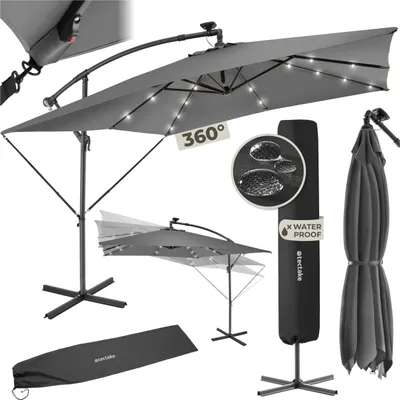 A collage of images showing a gray cantilever patio umbrella with LED solar lighting, its cover, and a diagram illustrating its 360-degree rotation and waterproof feature.