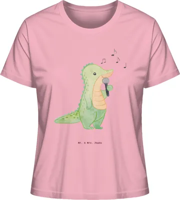 Produktbild von Mr. & Mrs. Panda Oberteil Damen Krokodil Singen Größe XL - Baumwolle Pink - Geschenk, Band, Basic Shirt, Live Auftritt, Rundhals T-Shirt, Kurzarmshirt, Hobbysänger, Gesang