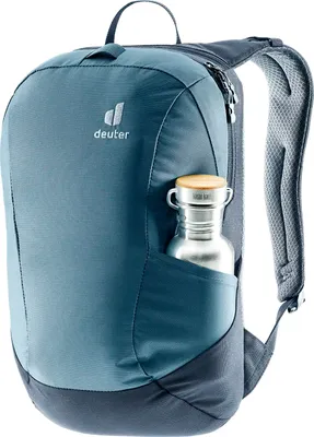 A close-up view of a blue Deuter backpack with a water bottle in the side pocket.