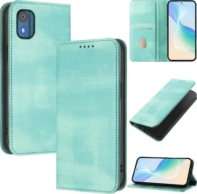 Image de Etui pour Nokia C02, étui en cuir vintage avec protection RFID, fentes pour cartes, support Turquoise