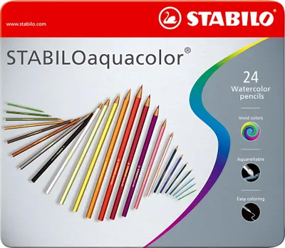 Image de Crayons de couleur aquarellables - STABILO aquacolor - étui métallique de 24 couleurs