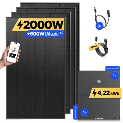 Produktbild von 2000W Balkonkraftwerk mit Speicher + Erweiterung Solakon ONE (4,22 kWh) Solaranlage Steckerfertig WIFI Komplettset Photovoltaik Anlage, Kabel: 10m