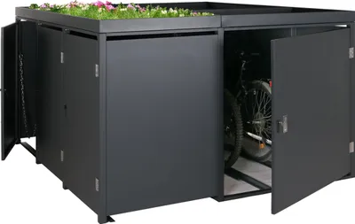Obrázok produktu pre skriňa na 3 koše / garáž na 2 bicykle s boxom na sadenie HWC-N79, uzamykateľná 130x193x208 cm kov antracit