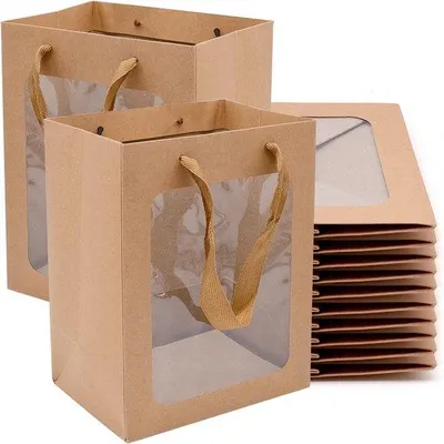 Obrázek produktu pro 10 ks – dárkové tašky – dárkové sáčky – hnědé – 18 × 13 × 25 cm - Papír - S průhledným okénkem - Na Vánoce, narozeniny, svatbu, oslavu, výročí - Dárková taška - Dárkové balení - Dárkové tašky - Balicí sáčky
