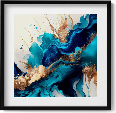 Produktbild von Flüssige Abstraktion mit Gold– Wandbild mit Rahmen – Gerahmtes Bild  – Wanddekoration – 50x50 cm –  Schwarz Rahmen