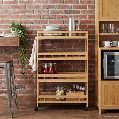 Imagen del producto de Carrito de cocina con ruedas, color natural, 60 x 18 x 97 cm. Carro de servicio de bambú con ruedas. Carrito de cocina con ruedas, ideal para interiores y exteriores