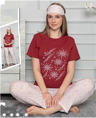 Produktbild von Damen Pyjama Schlafanzug Rot L Kurz 3-Teiler Set mit Augenband L-72