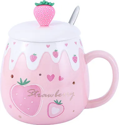 Produktbild von Süße Erdbeertasse, rosa Kaffeetasse, Keramik-Kawaii-Tasse, Morgentee, Milch, Obsttasse mit schönem Deckel und Löffel, kreative Neuheit, Geburtstag, Weihnachten, Liebhaberin, Mädchen, 500 ml
